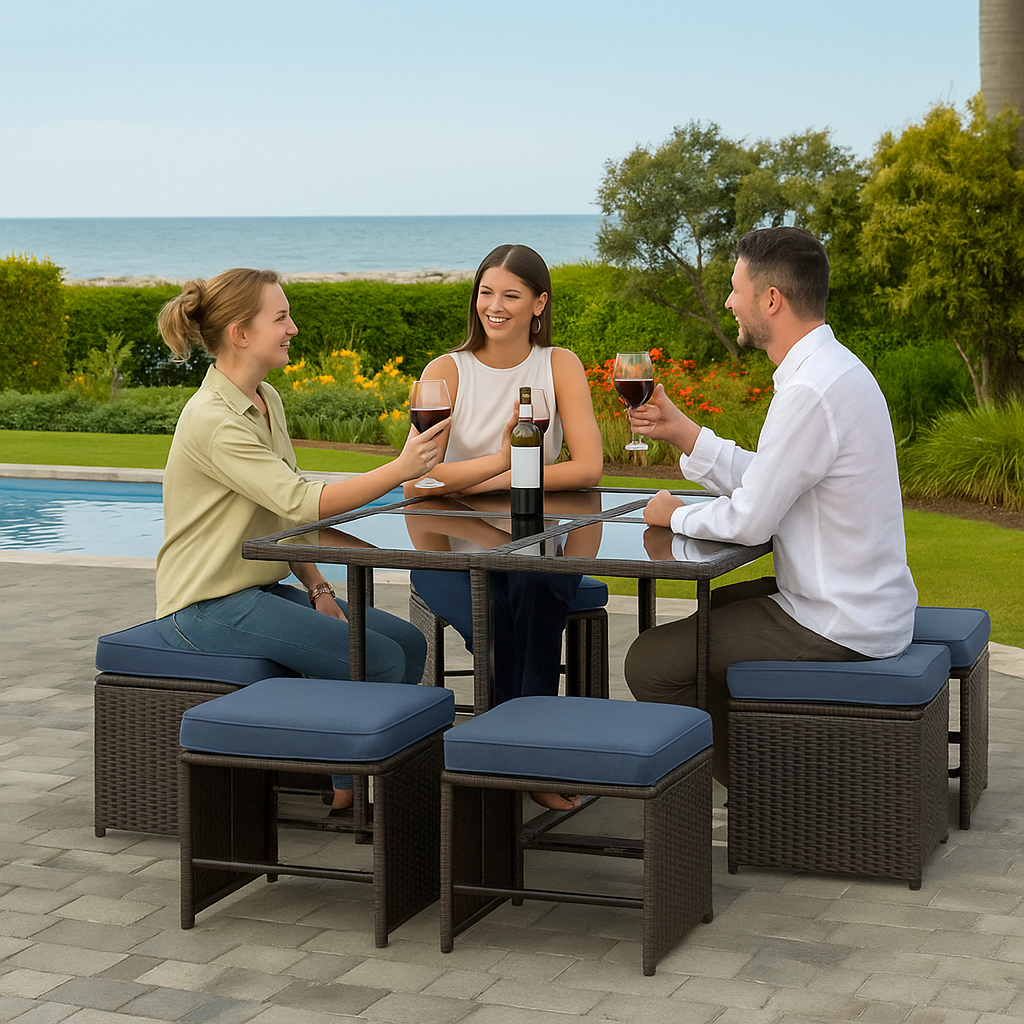 Outdoor Dining Set 9 Piece Wicker Table Chairs Setting Black