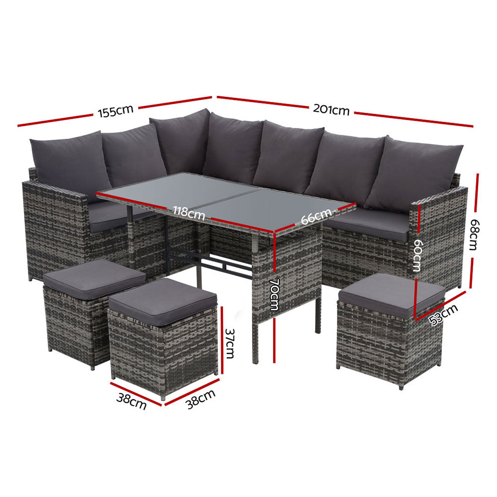 Dining Setting Sofa Set Lounge Wicker 9 Seater Mixed Grey