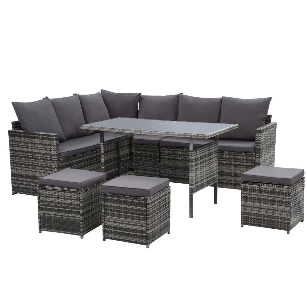 Dining Setting Sofa Set Lounge Wicker 9 Seater Mixed Grey